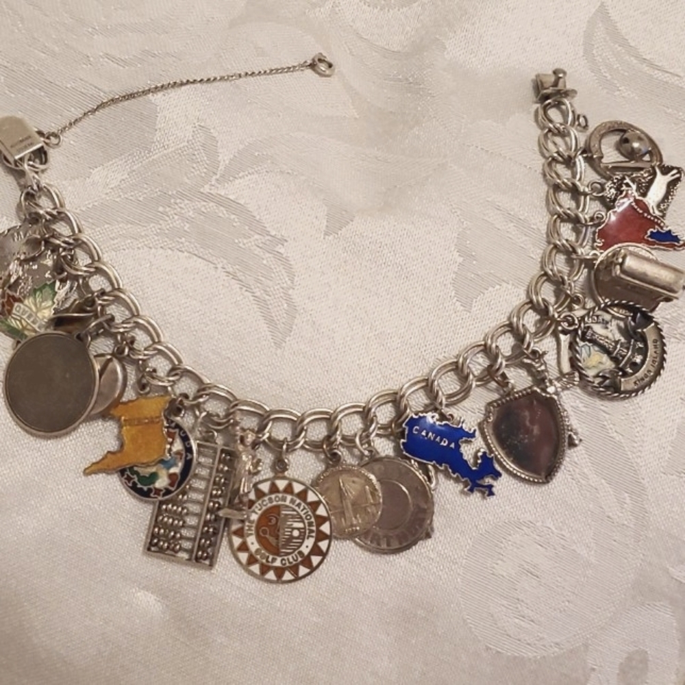 VINTAGE STERLING SILVER (LIFE) Multi-Charm Bracelet with 23 Individual Charms